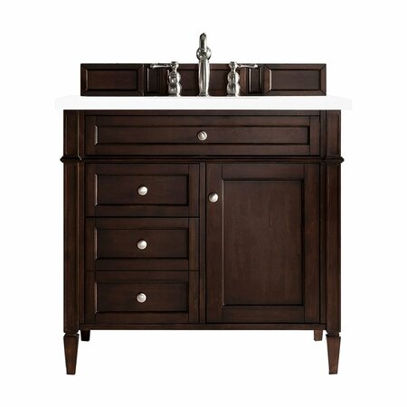 JAMES MARTIN VANITIES Brittany 36in Single Vanity, Burnished Mahogany w/ 3 CM White Zeus Quartz Top 650-V36-BNM-3WZ